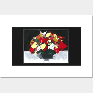 POINSETTIAS - POINSETTIA PAINTING - BLACK, GREY, RED, & GREEN Posters and Art